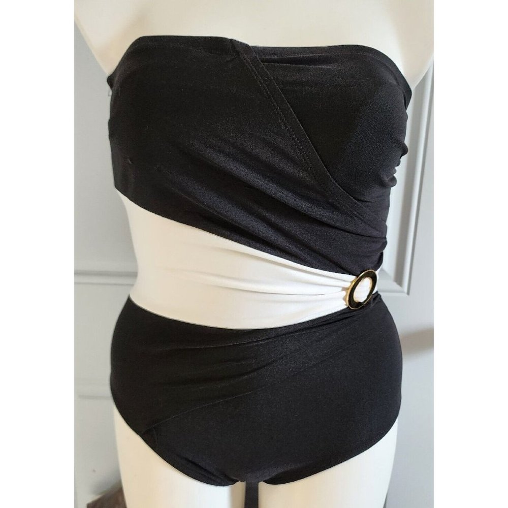 Longitude Women's One Piece Strapless Swimsuit Slimming Black White Size 8